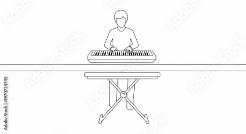 Person playing keyboard on a stand, simple line drawing, music concept