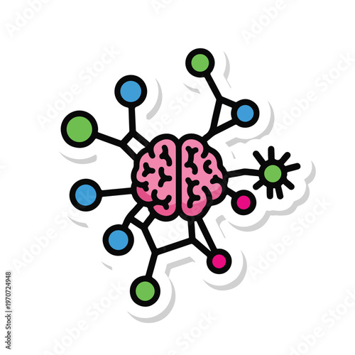 A pink brain with multicolored nodes