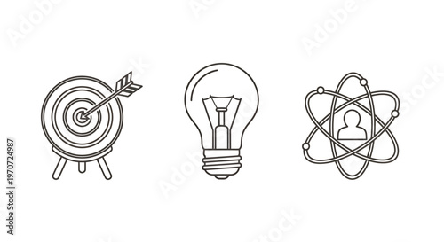 Target with arrow, light bulb idea, and atomic symbol icons representing science, innovation, and discovery.