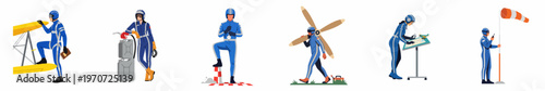 Set of diverse male and female pilots and ground crew members performing various aviation-related tasks in a flat illustration style.