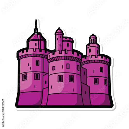 A pink cartoon castle with towers and battlements