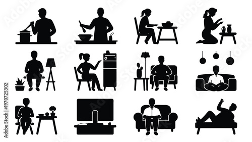 Silhouettes of 12 people performing evening routines including cooking reading relaxing and enjoying leisure activities in minimalistic scenes