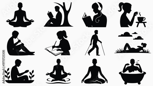 Minimalist black silhouettes of people performing various activities like meditating reading relaxing and exercising in simple outline style