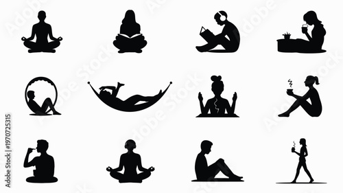 Minimalist black silhouettes of people in various relaxed poses on a clean white grid layout with diverse activities