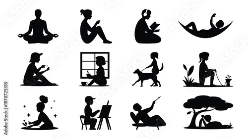 Minimalist black silhouettes of people engaging in diverse activities like meditating reading relaxing in a hammock and interacting with pets in a clean modern style