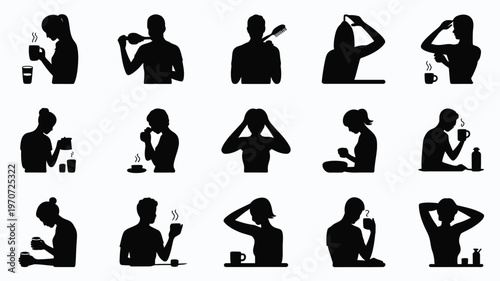 Silhouette collection of 12 people performing morning routines in minimalist style on white background