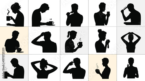 Silhouettes of people performing morning routines in minimalist style including drinking coffee stretching and applying skincare