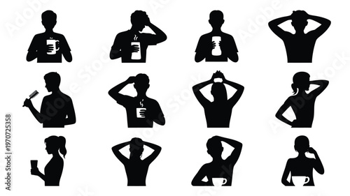 Silhouettes of people performing various morning routine activities in minimalist style including stretching drinking brushing teeth and exercising isolated on white background