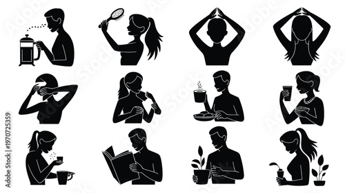 Silhouettes of 12 people performing daily activities in minimalist black vector illustration style including drinking reading stretching and using devices