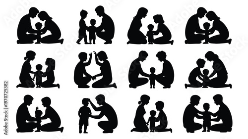 Set of 12 family silhouettes showing daily life interactions parenting and bonding moments in minimalist black and white style