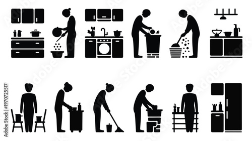 Silhouettes of people performing everyday household activities in a kitchen and living room including cooking cleaning and organizing depicted in minimalist black and white icons