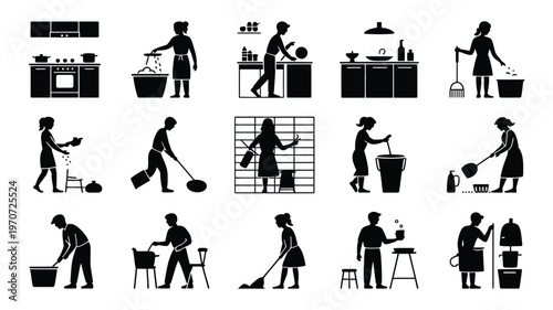 Silhouette collection of 12 everyday routine activities featuring cooking cleaning gardening and home maintenance tasks in minimalist style