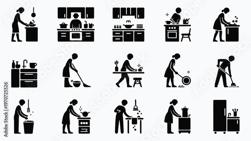 Silhouette figures performing daily household chores in minimalist style including cleaning cooking exercising and organizing