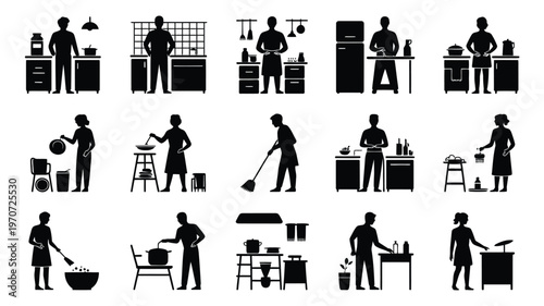 Silhouettes of people performing everyday household chores in a minimalistic style including cooking cleaning and organizing