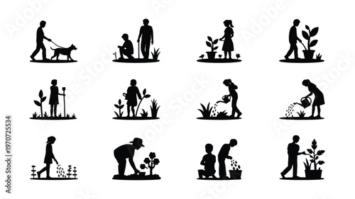 Silhouettes of people engaging in everyday life moments including walking a dog gardening and spending time outdoors in a minimalist style