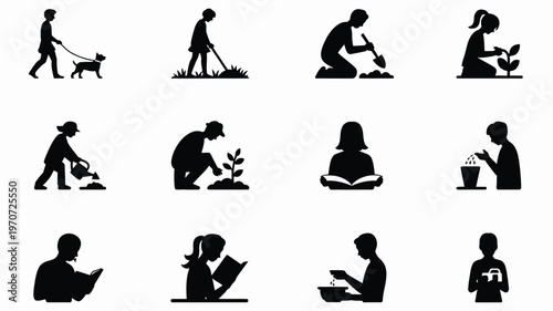 Silhouettes of people engaging in various activities like walking a dog gardening reading and relaxing in a minimalist style
