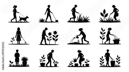 Silhouettes of people engaging in everyday activities like walking a dog gardening and tending to plants depicted in a minimalist style with black figures on a white background