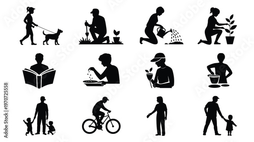 Silhouettes of people engaging in everyday activities like gardening reading walking dogs and cycling in a minimalist style