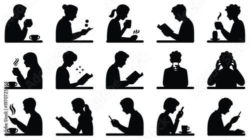 Silhouettes of people engaging in daily activities drinking coffee using phones and reading books in a minimalist style
