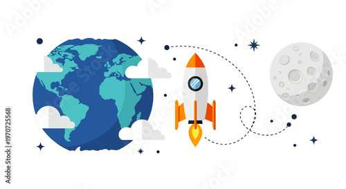 Earth and Rocket Launch Scene in Space with Moon and Astronaut.