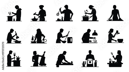 Silhouettes of people performing various everyday activities in minimalist black and white design including cooking cleaning exercising and relaxing in a modern simplified style