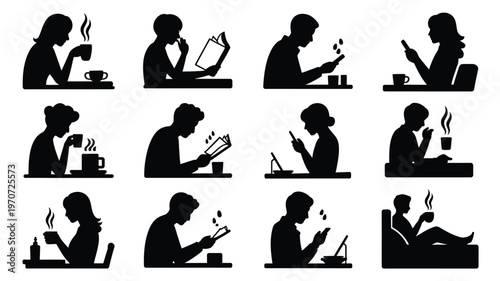 Silhouettes of people relaxing while drinking coffee and reading books set of 12 lifestyle icons in minimalist style