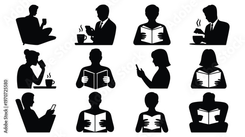 Silhouette icons of 12 diverse individuals engaged in lifestyle activities such as reading thinking and relaxing while holding drinks or books