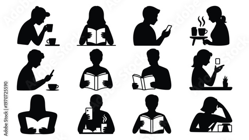 Silhouette collection of people reading books using smartphones and relaxing in casual settings