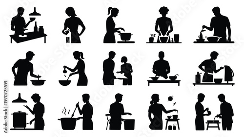 Silhouettes of 12 people performing daily activities including cooking eating reading and working in minimalist black and white design