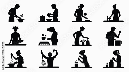 Silhouettes of people performing various daily activities in minimalist black and white design cooking exercising relaxing and more