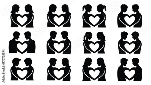 Collection of 12 friendship and support silhouettes featuring couples and families forming heart shapes symbolizing love and unity