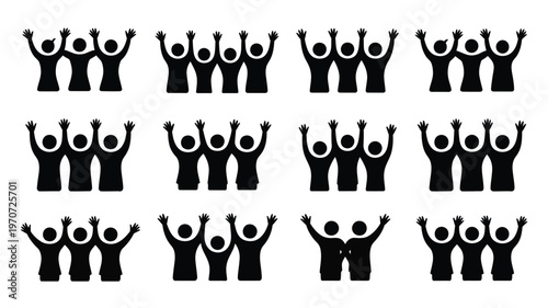 Silhouettes of 12 jubilant people with arms raised celebrating together minimalist black and white design expressing unity and joyful community spirit