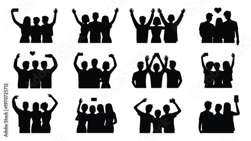 Silhouettes of 12 happy friends celebrating with raised arms in a collection of energetic group poses on a white background