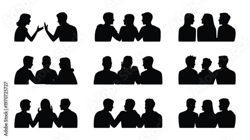 Silhouettes of diverse groups interacting in various social dynamics including friendship conversation and argument isolated on white background