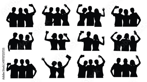 Silhouette collection of twelve joyful friends celebrating together in dynamic poses showing happiness and unity in black and white vector style