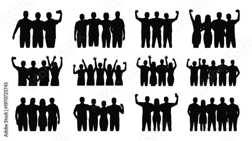 Silhouettes of 12 joyful friends celebrating together in a collection of group poses isolated on white background expressing happiness and unity