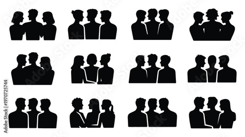 Silhouettes of diverse groups of friends standing together in various poses conveying unity and camaraderie in minimalist black and white vector design