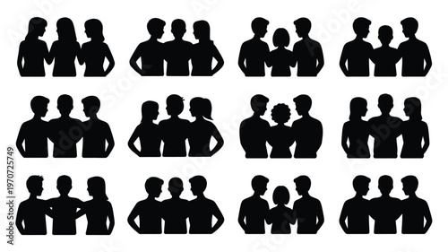Black silhouettes of diverse groups of friends standing together in various poses isolated on white background modern minimalist design