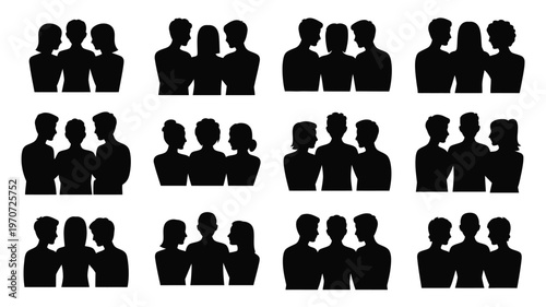 Silhouettes of diverse groups of friends standing together in various poses isolated on white background minimalist design modern style vector illustration