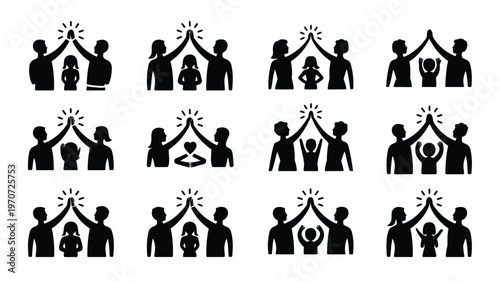 Silhouette icons of groups celebrating with raised hands hearts and stars for teamwork and friendship
