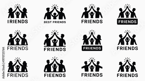 Silhouettes of groups of friends celebrating together with raised hands and sparkles friendship concept vector collection of 12 logos with black minimalist design