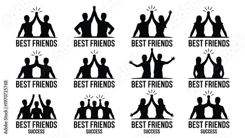 Black silhouettes of diverse groups of friends celebrating success together with raised arms and joyful poses minimalist design isolated on white background for friendship