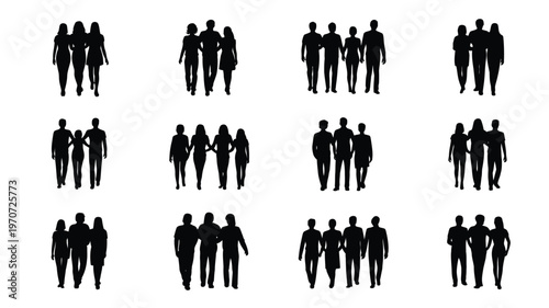 Silhouettes of diverse groups of people standing together in a clean minimalist vector illustration style with varied poses and formations