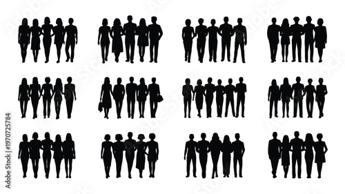 Diverse collection of 12 silhouettes of people grouped in teams against a clean white background ideal for teamwork unity and professional collaboration themes