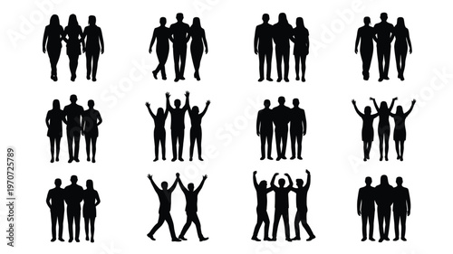 Silhouettes of diverse groups of people standing celebrating with raised arms and interacting in a minimalist vector design black figures on white background