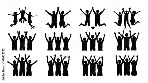 Silhouettes of people celebrating joyfully in groups featuring jumping teamwork and friendship in a minimalist black and white design