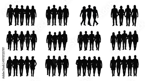 Silhouettes of diverse groups of people standing together in various poses for teamwork or social concepts