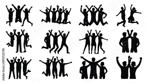 Black silhouettes of people celebrating with joyful poses group hugs jumping and dancing together in a minimalist style