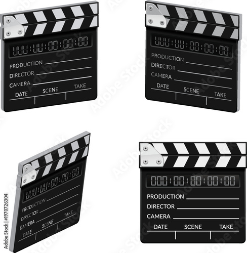 Set of four black film clapper boards shown from different angles, movie production tools vector illustration