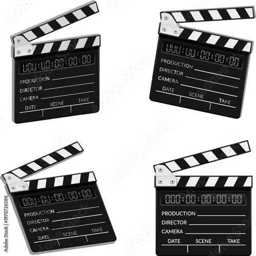 Four Black Film Clapperboards with Digital Timers, Isolated on White Background, Vector Illustration